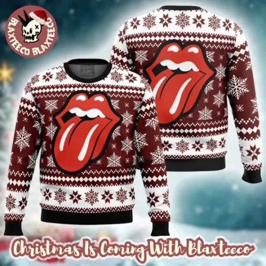 Discover Rolling Stone Big Tongue Logo With Snowflakes Ugly Christmas Sweater