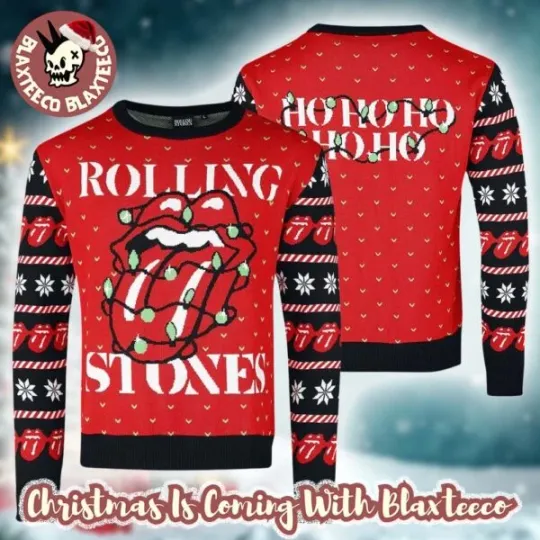 Rolling Stone Logo With Christmas Lights Twinkle Ho Ho Ho Ugly Christmas Sweater