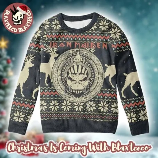 Discover Iron 1Maiden Mayan Eddie Reindeer Pattern Xmas Gift 2025 Ugly Christmas Sweater