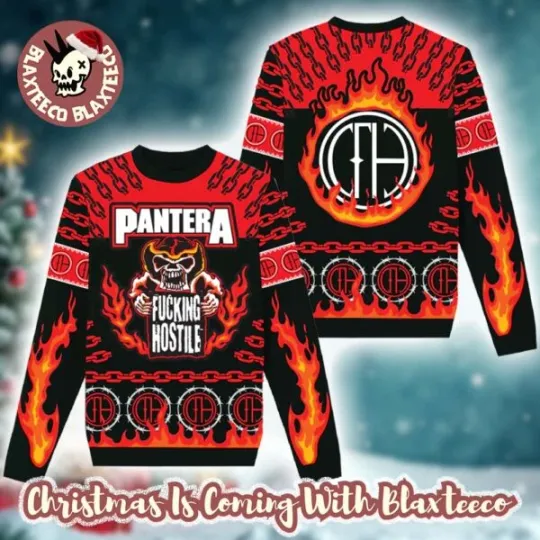 Discover Pantera1 Fcking Hostile Skeleton With Flame Big Logo Ugly Christmas Sweater