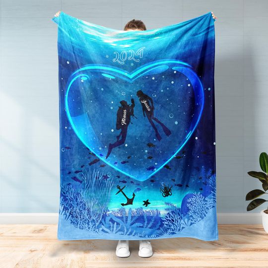 Discover Personalized Diving Blanket, Custom Scuba Diving, Snorkeling Couple Blanket, Christmas Fift, Couple Diving Gift, Ocean Lover Gift