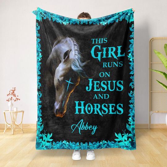 Discover Personalized Horse Blanket, This Girl Runs On Jesus And Horses Blanket, Horse Lover Blanket, Spiritual Gift, Custom Christian Blanket