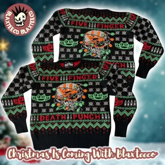 Discover FiveFinger Death Punch Signature Skull With Christmas Lights Ugly Sweater
