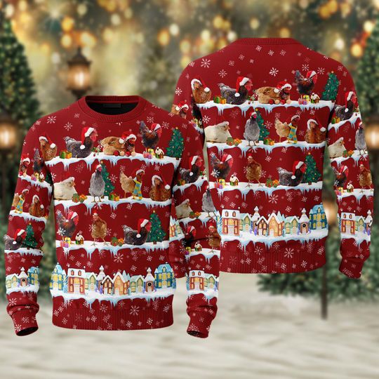 Discover Rooster Farm Christmas 3D Ugly Sweater, Chicken Xmas Sweatshirt, Funny Famer Christmas Shirt, Christmas Gift For Men Women Kid