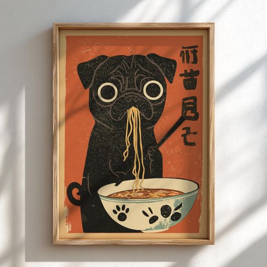 Discover Hungry Black Pug Ramen Poster: Japanese Food Art Print - MULTIPLE COLORS