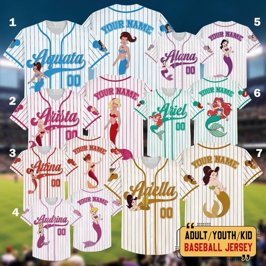 Discover Personalized Disney The Little Mermaid Characters Baseball Jerseys Team, Ariel Princess Baseball Jersey, Attina Adella Aquata Matching Shirt