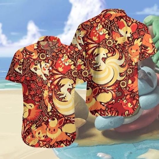 Discover Anime Fire Fox & Cute Creature Hawaiian Shirt for Men Women, Fantasy Aloha Summer Beach Shirt, Vibrant Red Kawaii Vacation Outfit