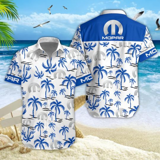 Discover Mopar Hawaiian Shirt for Men  Blue Palm Tree Tropical Car Lover Shirt  Muscle Car Aloha Button Up  Summer Cruise Beach Party Gift