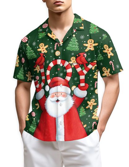 Discover Santa Joy Christmas Hawaiian Shirt, Gingerbread Candy Cane Aloha Shirt, Holiday Festive Shirt for Men