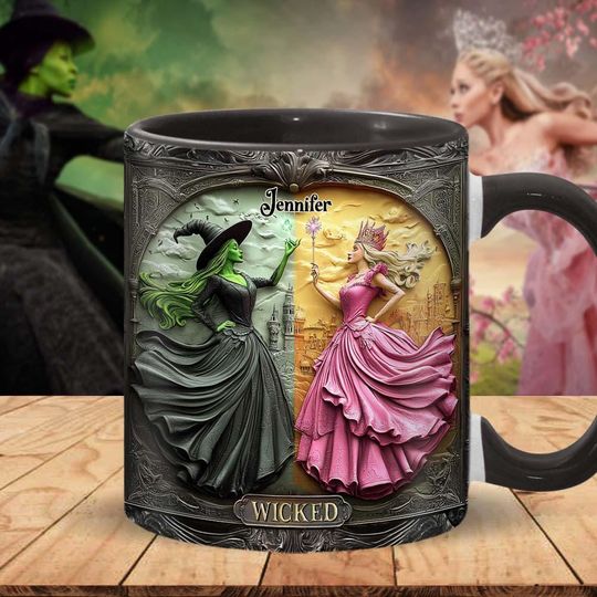 Discover Pink Green Wicked Personalized Accent Mug, Witch Lady 3D Two Tone Coffee Cup, Witch Movie Mug Gift for Music Fan Wiccans Goths wkm5008