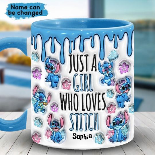 Discover Just A Girl Who Love Stitch Personalized Accent Mug, Blue Monster Ohana Inflated Two Tone Cup, Hawaii Cartoon Fan Mug Gift for Kid sth6390