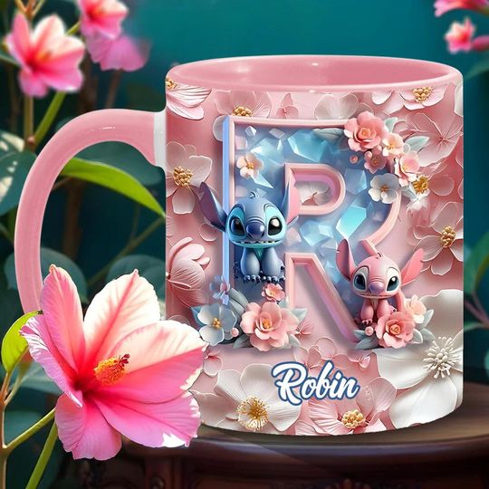 Discover Pastel Initial Letter Personalized Accent Mug, Blue Monster Alphabet with Flower, Two-Tone Cup, Cartoon Kid and Girl Gift