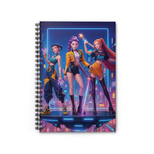 Huntrix Demon Hunters Spiral Notebook, Neon Cyberpunk Girl Trio Spiral Notebook, K-Pop Fan Essential Back to School Gifts, Anime Lovers