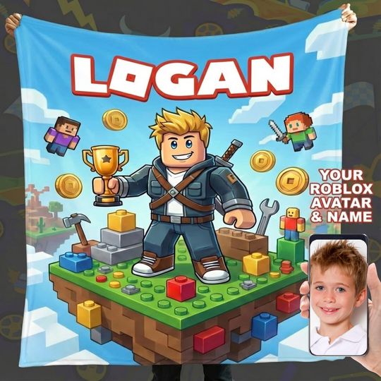Personalized Roblox Photo & Name Fleece Blanket for Kids, Custom Gamer Bedding, Birthday Gift for Boys and Girls