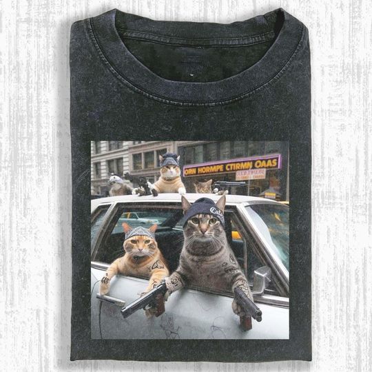 Discover Meme Gangster Cats Shirt, Funny Tee with Street Cats Car Photo, Bandana Tattoo Aesthetic, Grunge Unisex Graphic Top