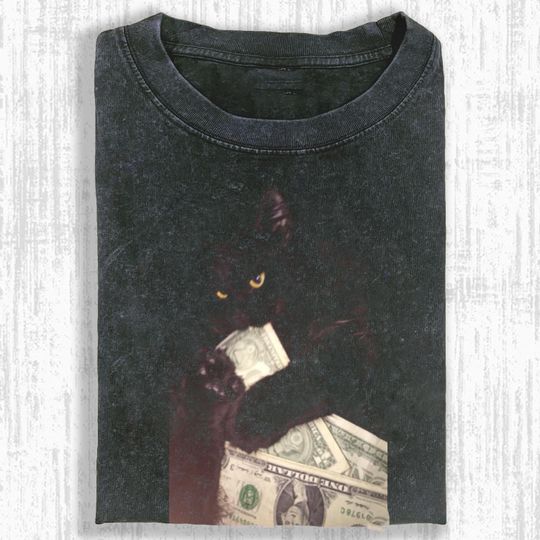 Discover Black Cat Shirt, Vintage Grunge Meme Cat Money Tee, Unisex Streetwear, Night Aesthetic