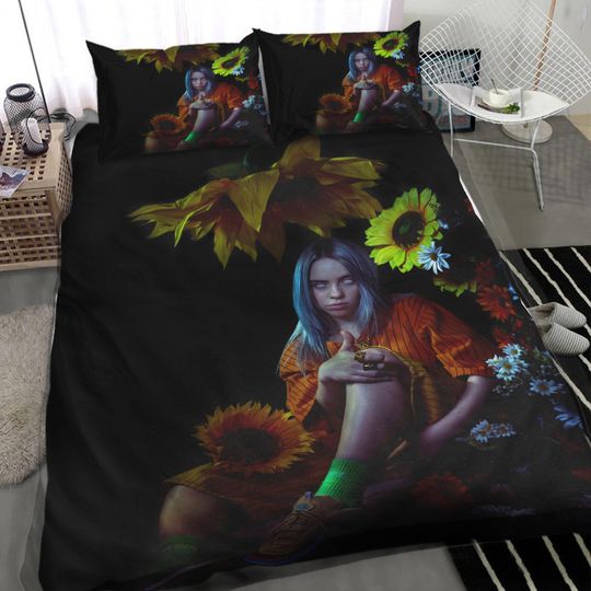 Billie Eilish And Sunflowers In The Dark Picture Bedding Set | Music Lover Bedding | Music Tour Merch | Gift For Fan