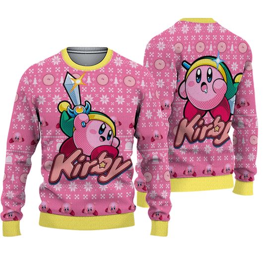 Cute Pink Hungry Kirby Ugly Christmas Sweater, Kirby Santa Claus Sweater, Video Game Christmas Ugly Sweater, Gaming Xmas Gift