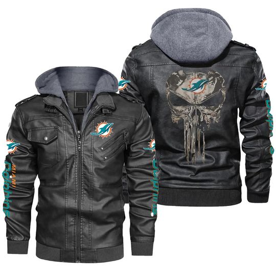 Miami Dolphins Hooded Leather Jacket, Gift For Father