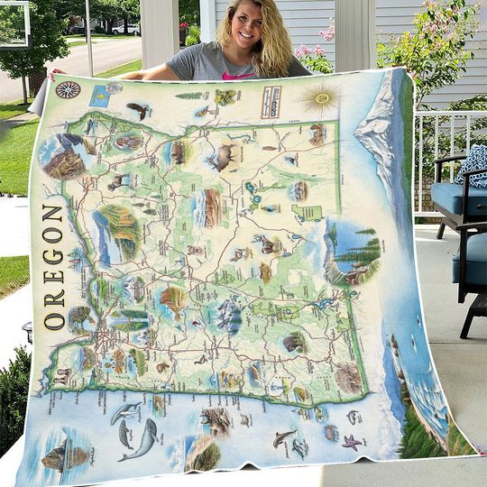 Oregon State Map Fleece Blanket  - Soft, Cozy, and Warm Throw