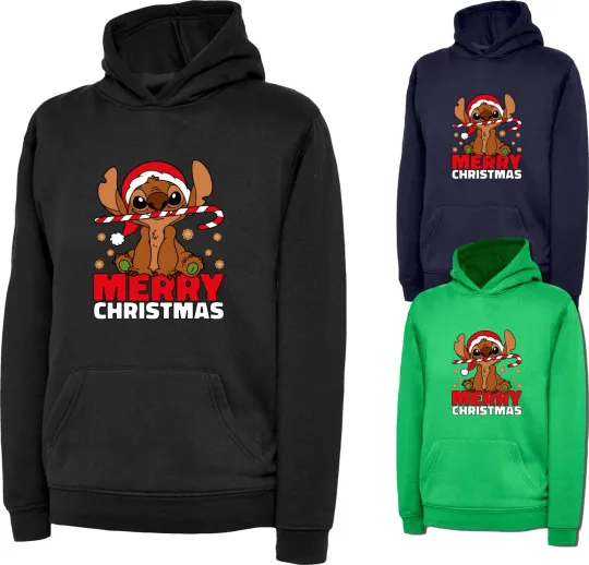 Discover Merry Christmas Lilo & Stitch Festive Hoodie Santa Cartoon Candy Stick Xmas Top