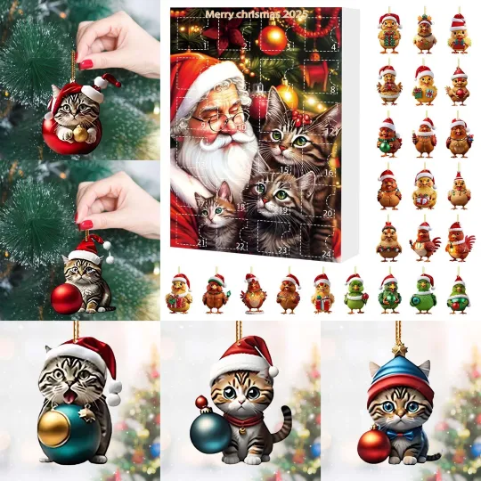 Discover Christmas Advent Calendar With Cute Cat 2D Acrylic Ornaments Countdown Blind Box