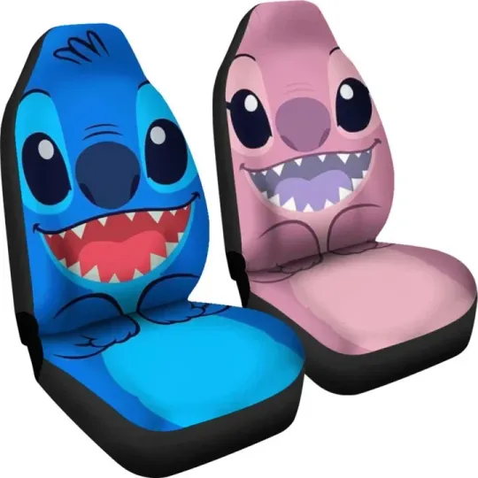 Discover Stitch Blue Pink - Car Seat Cover Couple Valentine Car Accessories Set Of 2