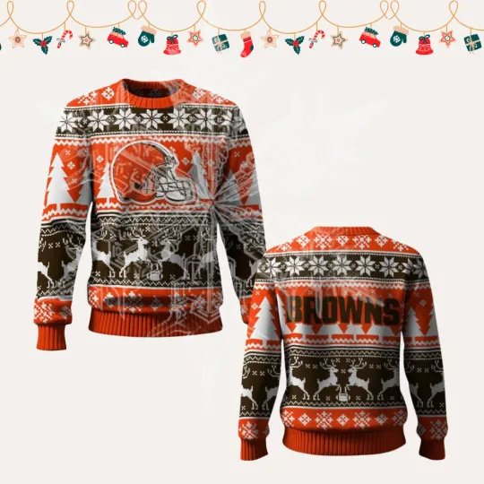 Discover 2025 Christmas Browns Reindeer Football Ugly Sweater