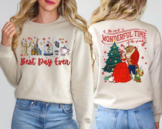 Discover Beauty And The Beast Christmas T-Shirt, Disney Best Day Ever Xmas Tee, Princess Belle and Prince Adam Christmas Sweatshirt