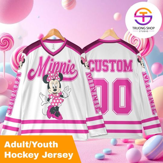 Discover Custom Minnie Hockey Jersey  Personalized Disney Sports Shirt, Cute Minnie Mouse Outfit & Matching Family Fan Gift