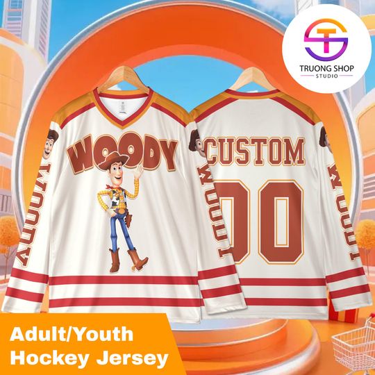 Discover Custom Woody Hockey Jersey  Personalized Toy Story Disney Sports Shirt, Matching Family Outfit & Fun Gift for Fans