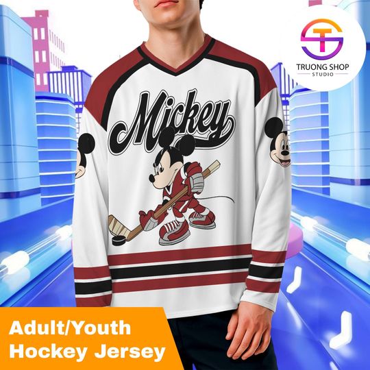 Discover Custom Mickey Mouse Hockey Jersey  Personalized Disney Team Shirt, Classic Cartoon Hockey Outfit for Matching Family Fans