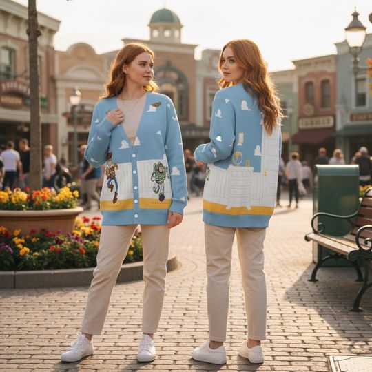 Discover Blue Toy Story Knit Cardigan, Woody and Buzz Lightyear Sweater, Cute Disneyland Cozy Outfit, Disney Pixar Soft Button-Up Cardigan
