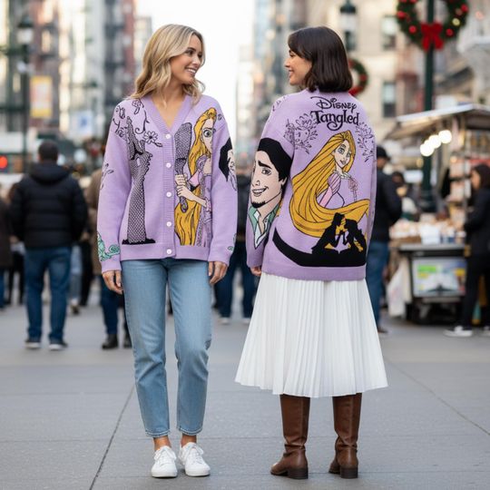 Discover Disney Tangled 15Th Anniversary Cadigan, Disney Rapunzel Flynn Rider Pascal Knitted Cardigan, Disney Winter Matching Trip Outfits