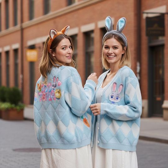 Discover Disney Checkered Zootopia 2 Cardigan, Judy Hopps Carrot Pen Knitted Cardigan, Disney Winter Matching Trip Outfits
