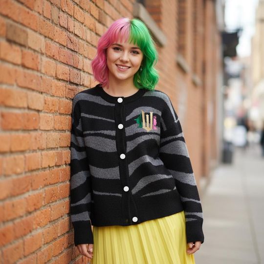 Wicked Logo Glinda Elphaba Waves Cardigan, Changed For Good Wizard Defying Gravity Printed Cardigan, Winter Cardigan Matching Trip Outfits