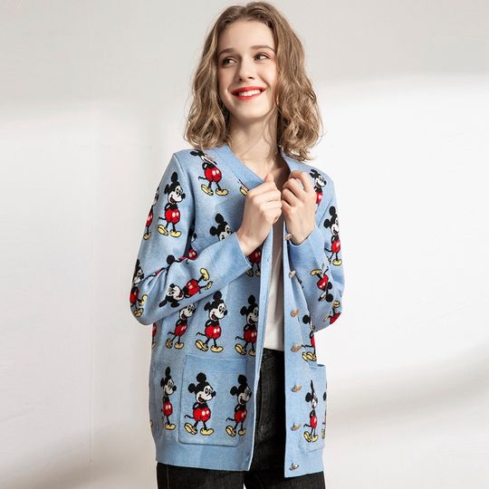 Discover Disney Mickey Printed Cardigan for Women, Japanese Cartoon Style, Autumn Winter Loose Printed Sweater, Kawaii Outerwear