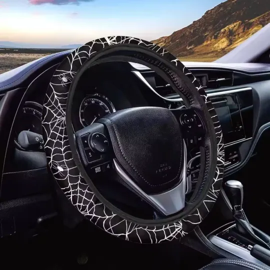 Discover Black Cobweb Car Steering Wheel Cover Universal Halloween Spider Steering Wheel