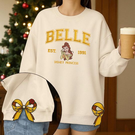 Discover Disney Princess Belle Side Bow Embroidered Sweatshirt, Princess Christmas Sweatshirt, Side Bow Applique Sweatshirt, Christmas Bow ESD1012.2X