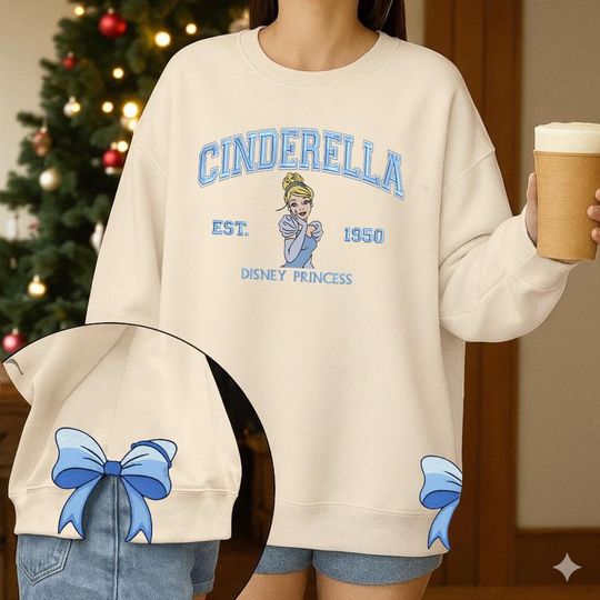 Discover Disney Princess Cinde Side Bow Embroidered Sweatshirt, Princess Christmas Sweatshirt, Side Bow Applique Tee, Christmas Bow ESD1018.2X
