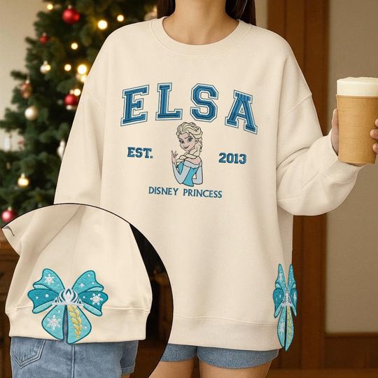 Discover Disney Princess Elsa 2 Side Bow Embroidered Sweatshirt, Frozen Princess Christmas Sweatshirt, Side Bow Applique Tee,Christmas Bow ESD1020.2X