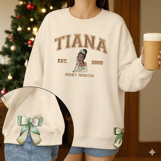 Discover Disney Tiana Inspired Embroidered Sweatshirt  Green Bow Pullover, Princess and the Frog Top, Disney Embroidery Gift Christmas ESD1016.2X