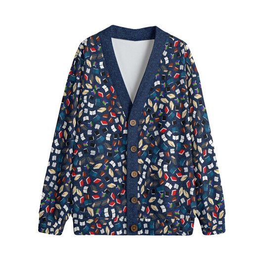 Discover Bookworm blue | I love reading | Book Print | Gift for teachers, writers, readers | Unisex V-neck Knitted Fleece Cardigan W/Button Closure
