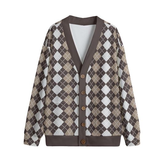 Shades of Brown Argyle Print V-Neck Cardigan with Button Closure