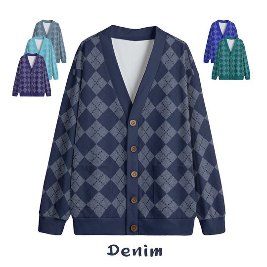 Ode to Blue Argyle Diamond Print V-Neck Print Cardigan