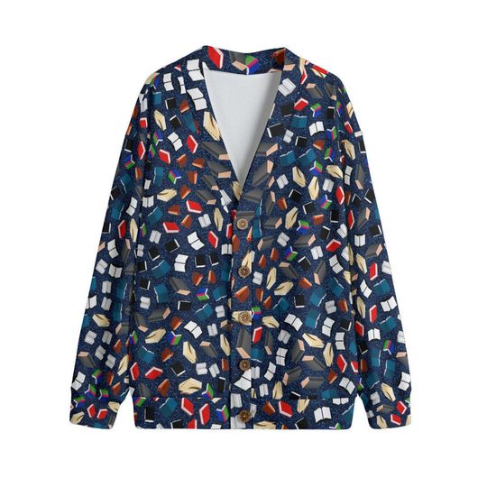Bookworm Blue V-Neck Cardigan | Reading and Book Pattern | Unisex Navy Blue Outerwear for Teachers and Readers