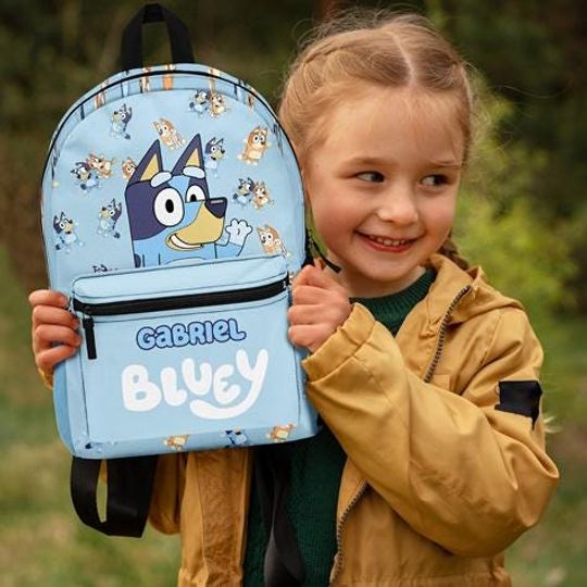 BlueyDad and Bingo Backpack, BlueyDad Backpack, BlueyHeeler Bag, Preschool Backpack, Pink Flower Blue Dog Bag