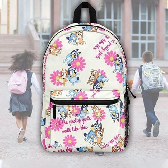 BlueyDad Backpack, BlueyDad Heeler Bag, BlueyDad And Bingo Backpack, BlueyDad Preschool Backpack, Pink Flower Blue Dog Backpack, BlueyDad Heeler Backpack