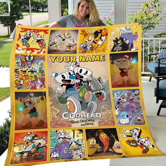 Cuphead Blanket Custom Name, Personalized Blanket, Bedding Valentine's Comfortable Bedroom Birthday Child Gift