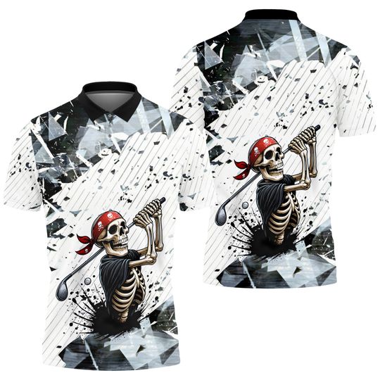 Pirate Skeleton Golf Polo Shirt for Men Women, Funny Golfer Outfit with Skull Bandana Print, Cool Golf Gift for Dad, Halloween Golf Apparel